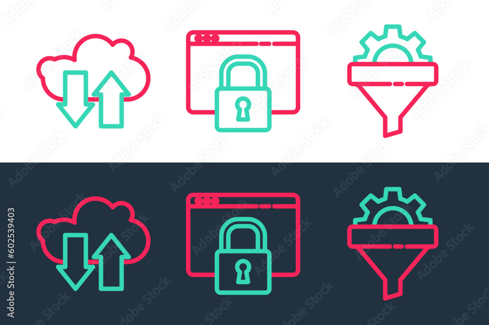 Poster set line sales funnel with gear, cloud download and upload and secure your site https, ssl icon. vec