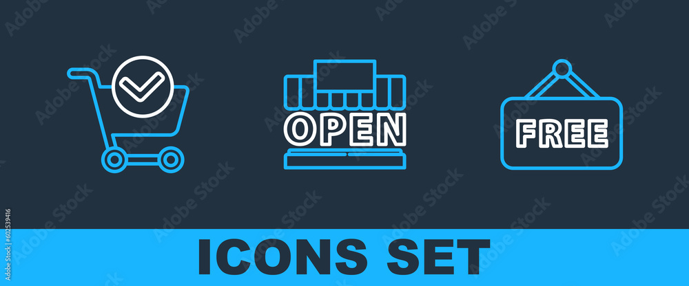Poster set line price tag with text free, shopping cart check mark and building and open icon. vector