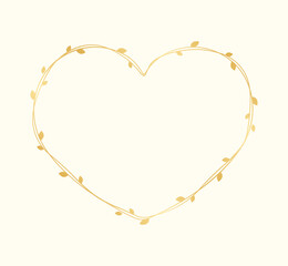 Gold Heart Shape Frame Made of Vine Leaves. Floral Valentines Day, Spring Summer Design Element, Love Concept