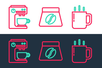Set line Coffee cup, machine and Bag coffee beans icon. Vector