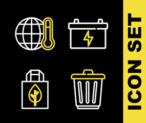 Set line Car battery, Trash can, Shopping bag with recycle and Global warming icon. Vector