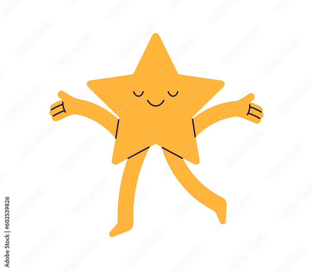 Poster cute happy star walking. funny smiling character with joyful amusing emotion, face expression, rejoi