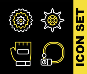 Set line Bicycle sprocket crank, lock, Gloves and cassette icon. Vector