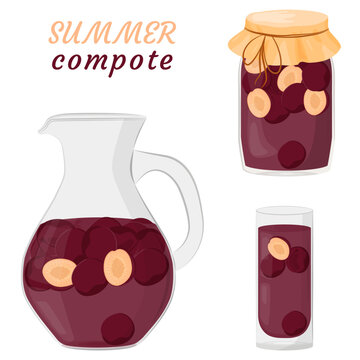Plum compote in a glass decanter, glass and jar. Berries for a healthy summer drink. Canned fruit. Conservation for future use. Vector illustration in a flat style.
