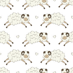 Cute seamless pattern with cartoon sheep and hearts. Simple kawaii print for designing baby clothes, bedding and wallpaper in the nursery. Pastel flat illustration.