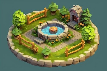 Isometric Garden for Game Asset. Generative Ai.