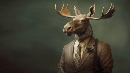 Moose wearing suit with tie as a businessman, Generative AI