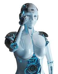 Futuristic woman robot touching her head. Isolated cyborg using artificial intelligence. 3D rendering white and blue humanoid cut out with transparent background
