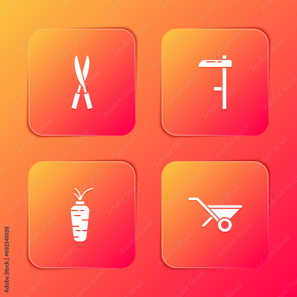 Sticker Set Gardening handmade scissors, Scythe, Carrot and Wheelbarrow icon. Vector