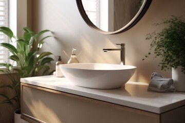 Fototapeta na wymiar counter design sunlight modern contemporary faucet bathroom sink interior luxury house. Generative AI.