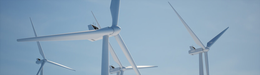 Clean shot of 3 of wind turbines producing electricity against bright blue sky. Background for...