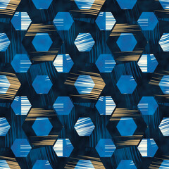 Tonal Blue, Gold and White Brushstroke Textured Hexagons Pattern