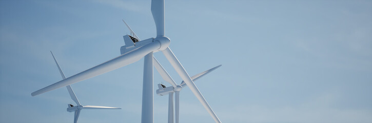 Clean shot of 3 of wind turbines producing electricity against bright blue sky. Background for sustainable energy conference, website header. Copy space - obrazy, fototapety, plakaty