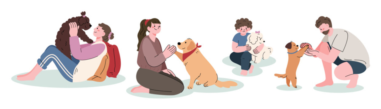 Set of Happy owner and pet concept vector. Flat cartoon characters collection with women, men hugging, dog training. Dog and peoples illustration design for decoration, cover, website, poster.