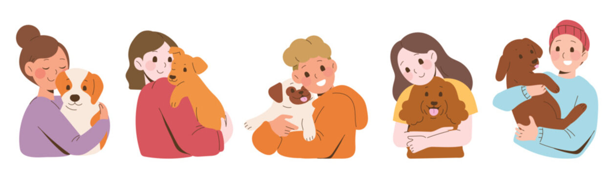 Set of Happy owner and pet concept vector. Flat cartoon characters collection with women, men hugging, hold their dogs. Dog and peoples illustration design for decoration, cover, website, poster.