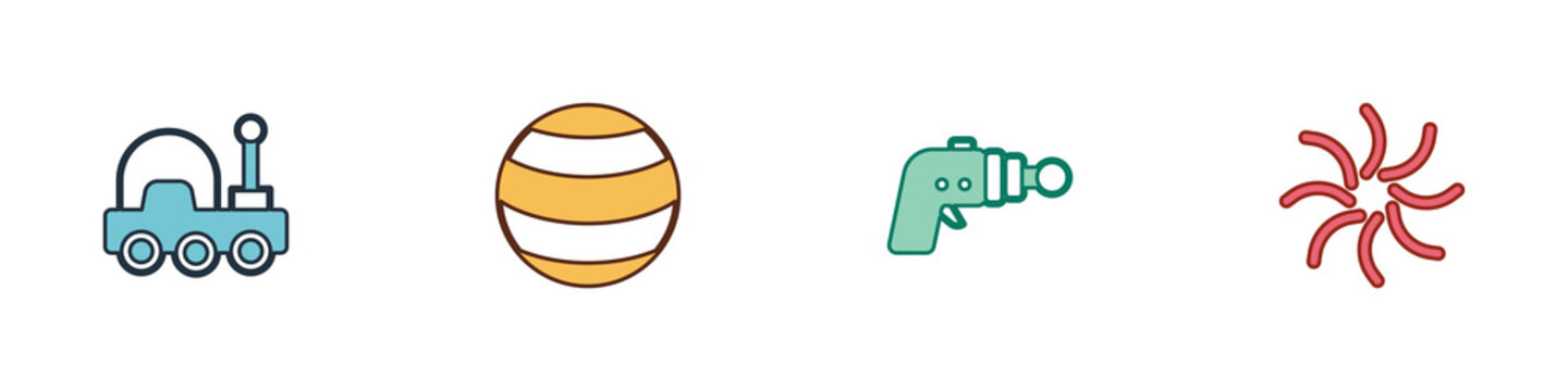 Set Mars rover, Planet, Ray gun and Black hole icon. Vector