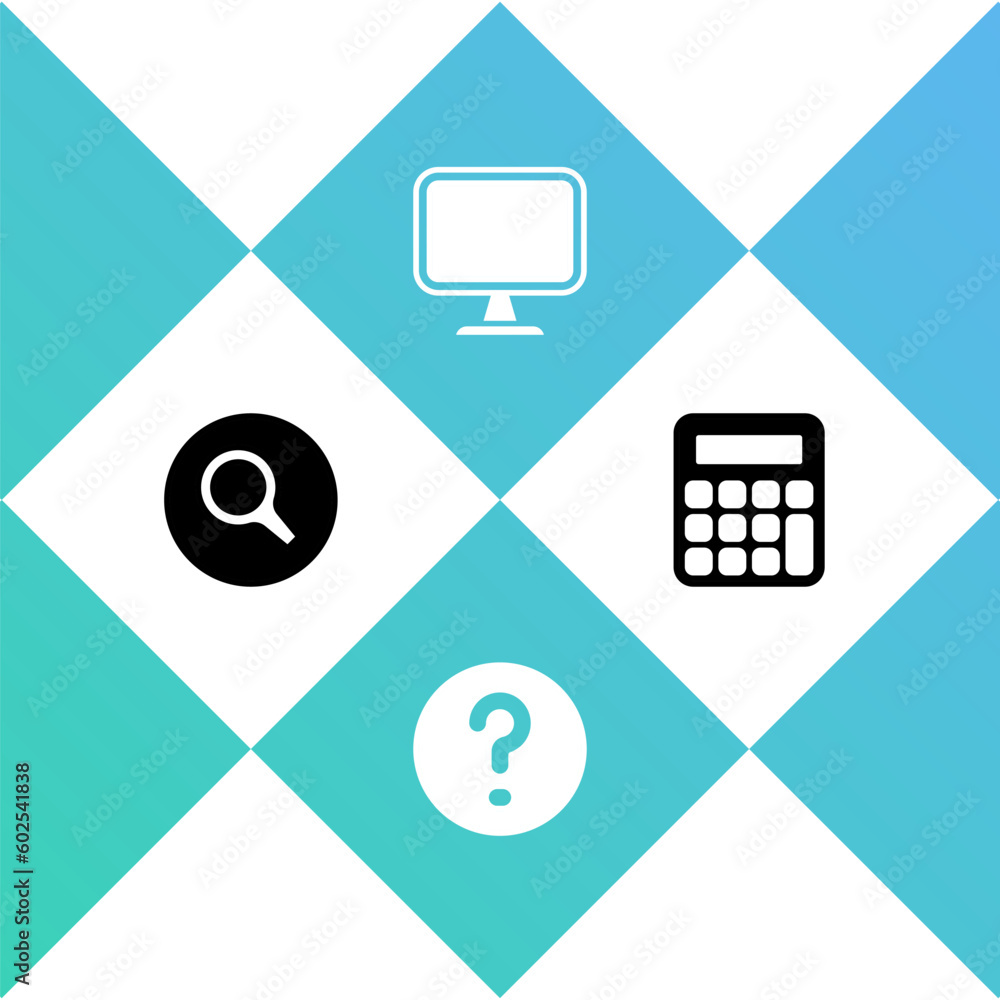 Poster set magnifying glass, speech bubbles with question, computer monitor and calculator icon. vector