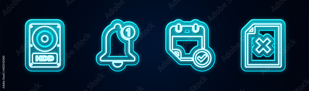 Poster set line hard disk drive hdd, bell, calendar with check mark and delete file document. glowing neon 