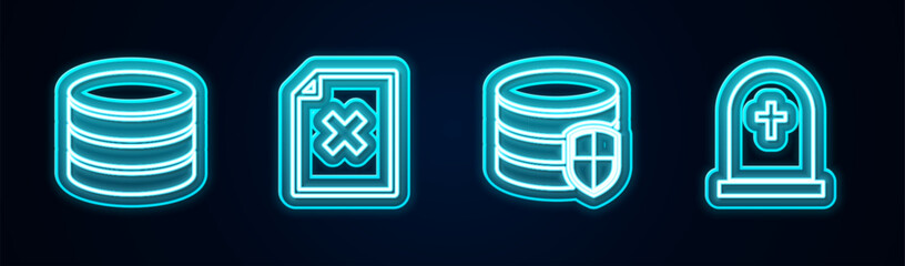 Set line Database, Delete file document, protection and Tombstone with cross. Glowing neon icon. Vector