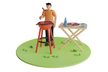 3D Illustration of man having a barbecue in nature. man enjoying a barbecue in the midst of nature, surrounded by lush greenery and a clear blue sky