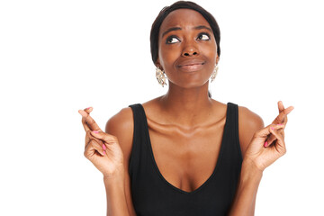 Fingers crossed, thinking and hope with black woman and mockup for good luck, wishing and idea....