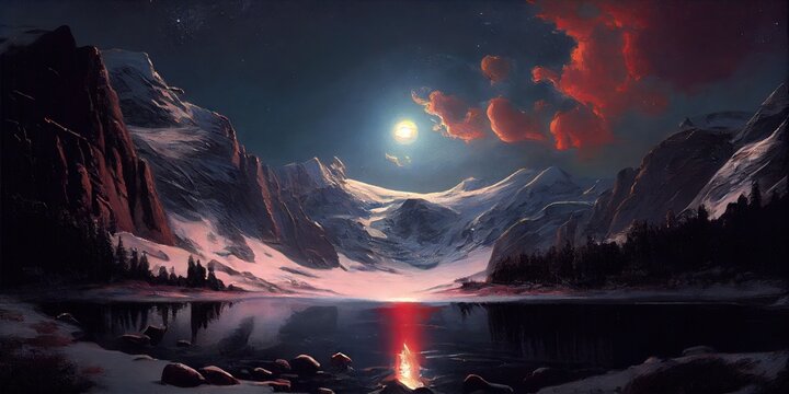 Oil painting by Albert Bierstadt mountain alpine river in the middle. Generative AI AIG15.
