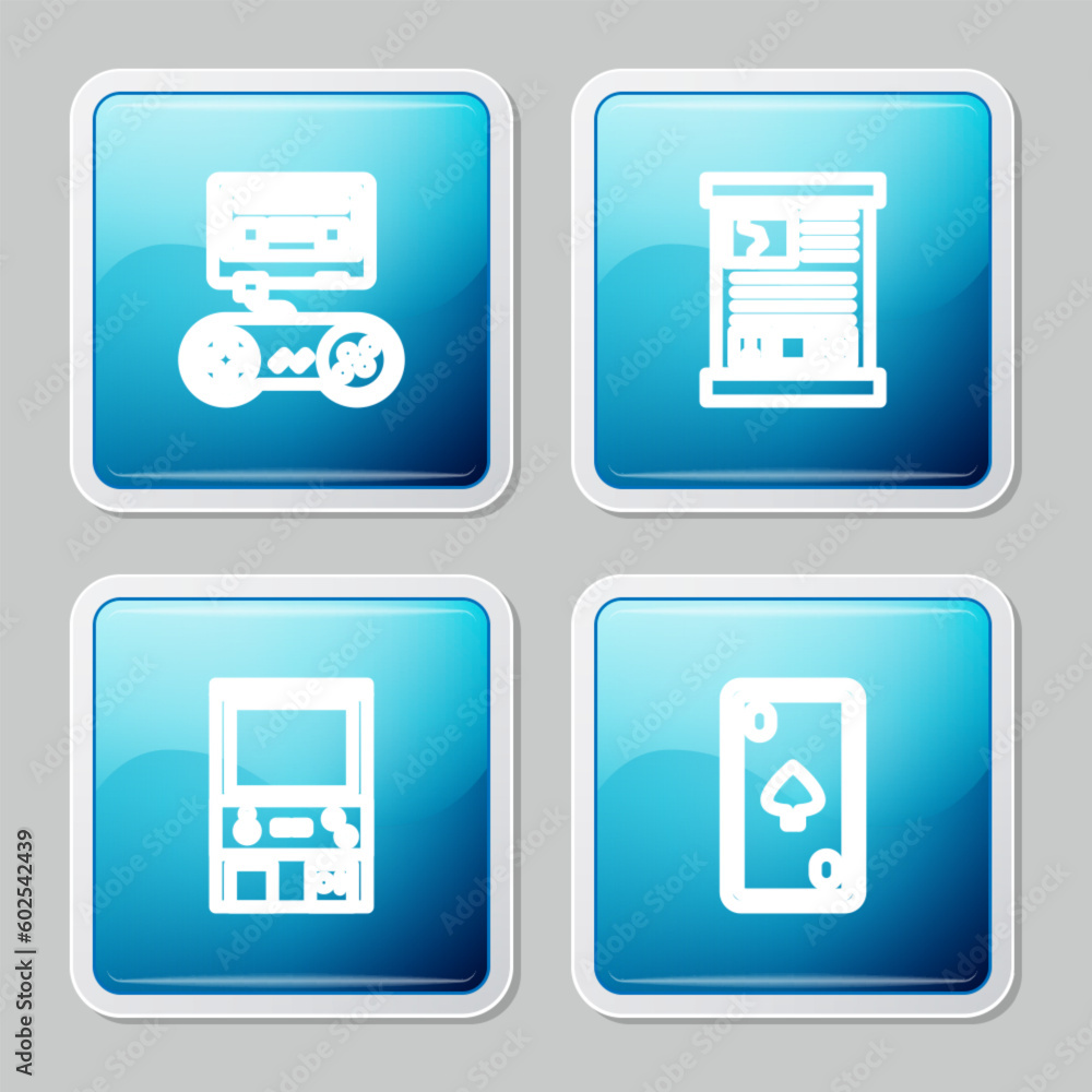 Poster set line game console with joystick, guide, retro arcade game machine and playing card diamonds icon