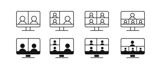 Online conference vector icon set. People on the computer screen. Digital video communication outline symbol