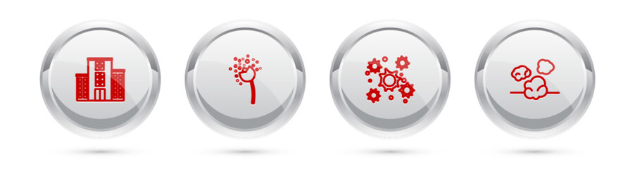 Set line Medical hospital building, Flower producing pollen, Bacteria and Dust. Silver circle button. Vector