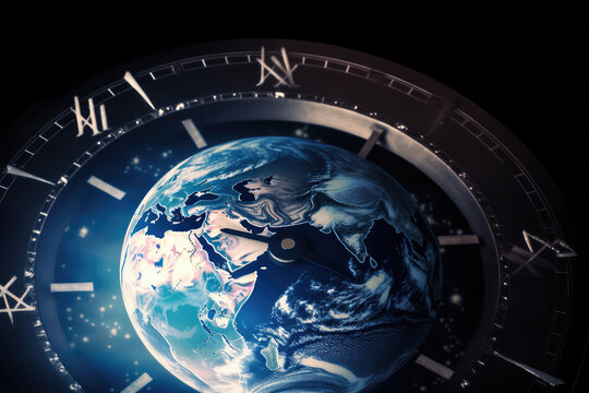 Closeup of clock face with planet Earth as background. Earth's Time Concept, generative AI