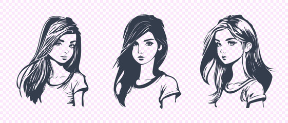 Vector set of graphic portraits of young cute beautiful cartoon teen girls with long hair.