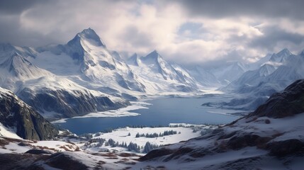 a fantastic view of a snow-capped mountain range with a lake surrounded by snow-capped mountains and a cloudy sky in the background. Generative AI