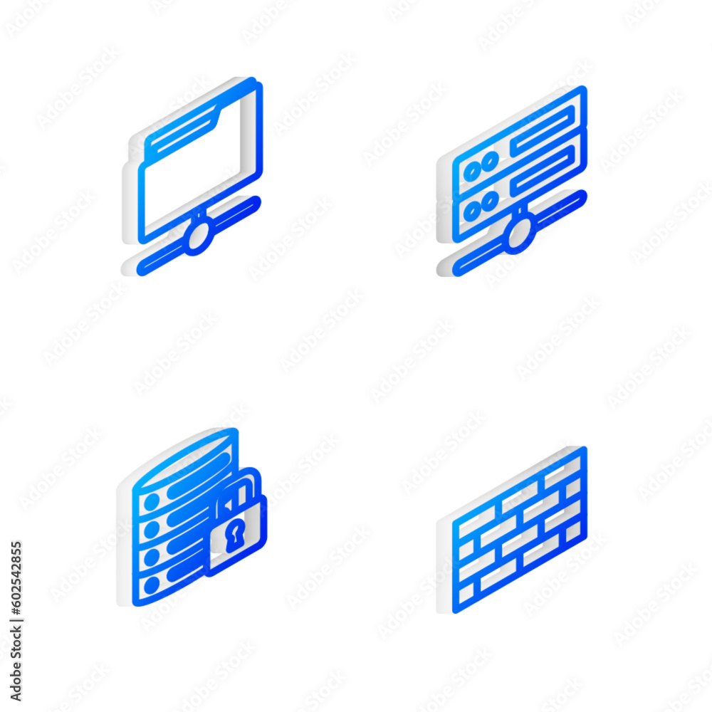 Poster set isometric line server, data, web hosting, ftp folder, security with lock and firewall, wall icon