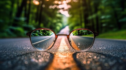 Creative trending photography of the road leading to the light source behind the glasses. Generative ai.