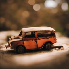 Vintage toy car on the ground in the park. Selective focus.
