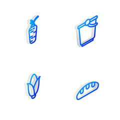 Set Isometric line Bucket, Carrot, Corn and Bread loaf icon. Vector