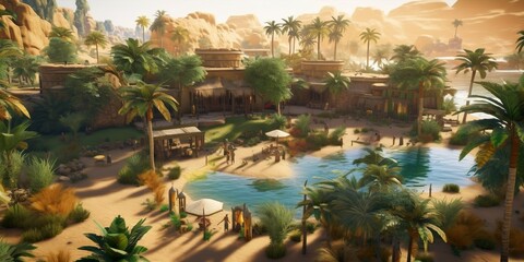 Fototapeta premium Tropical landscape with palm trees and a lake, a 3D render scene realized with Generative AI