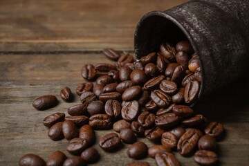 Roasted coffee beans in a tin