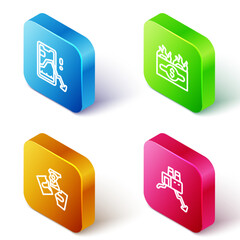 Set Isometric line Mobile stock trading, Burning dollar bill, Tearing money banknote and Shutdown of factory icon. Vector