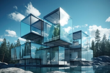 Obraz na płótnie Canvas House or structure with a lot of glass. Building form of the future, generative Ai