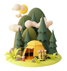 Vector camping tent in the forest. Campsite, pine trees and mountains with clouds. Gas stove or cooker, tent, backpack. Tourist cooking food on fire. Camping adventures - 602543457