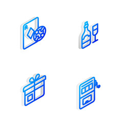 Set Isometric line Champagne bottle with glass, Casino chip and playing cards, Gift box and Slot machine icon. Vector