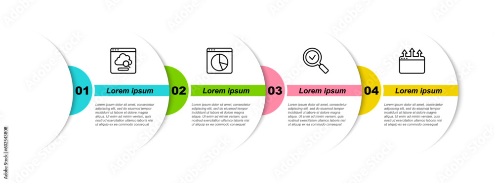 Poster set line cloud technology data transfer, graph chart infographic, magnifying glass with check mark a