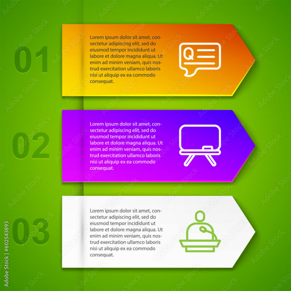 Poster set line speech bubbles with question, chalkboard and gives lecture. business infographic template. 