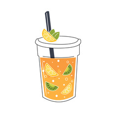 cocktail with ice and lime.Fresh sparkling drinks design with cute doodle decoration. Fruit refreshment and soft drinks in glasses. Vector illustration blended smoothie for logo, ads, promotion, marke