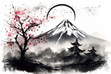 Japan traditional sumi-e painting and Indian ink concept illustration. Outstanding mountain sun and sakura tree, generative AI