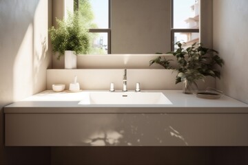 Naklejka na ściany i meble interior luxury bathroom faucet plant modern sink house counter sunlight design. Generative AI.