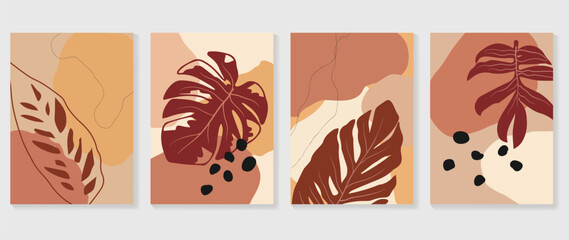 Set of abstract foliage wall art vector. Leaves, organic shapes, earth tone colors, leaf branch in line art style. Wall decoration collection design for interior, poster, cover, banner.