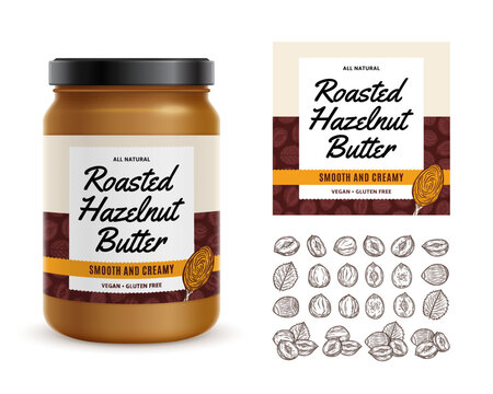 Hazelnut butter label. Realistic glass jar mockup. Hand-drawn hazelnut seeds and shells illustrations