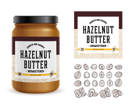 Hazelnut butter label. Realistic glass jar mockup. Hand-drawn hazelnut seeds and shells illustrations